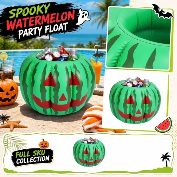 Halloween Decorations, Halloween Inflatable, Inflatable Drink Cooler, Pool Party Supplies, 20X16 Inch Waterproof Green Watermelon Jack O Lantern Inflatable Pumpkin Float Drink