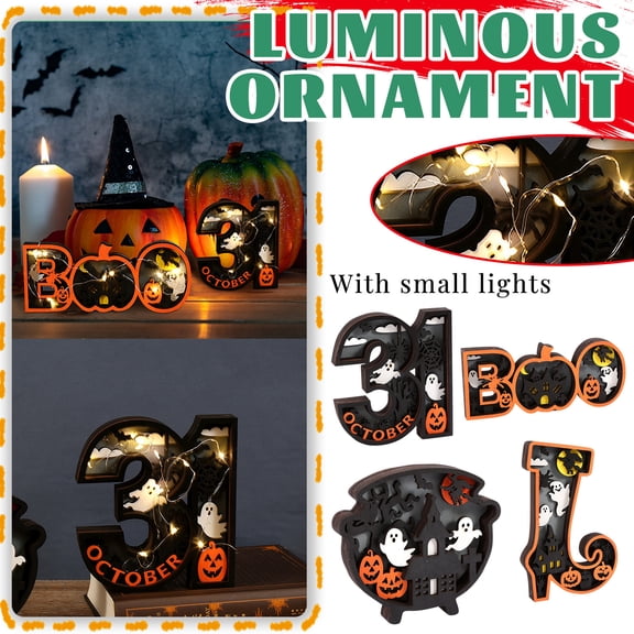 Halloween Decorations, Halloween Mantel Decorations, Halloween Ghost Decorations, Spooky Halloween Decor, Led Lighted Wooden Boo Tabletop Sign with 3D Bat Graveyard Details for