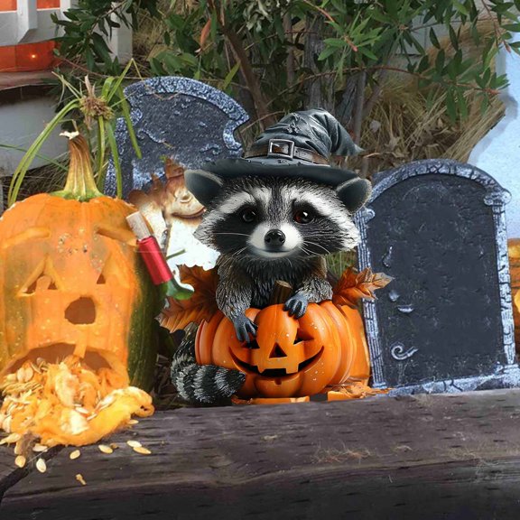 Halloween Decorations,Halloween Pumpkin Cute Raccoon Acrylic Decoration Potted Plants Scene Decoration Props Decorative Plaques