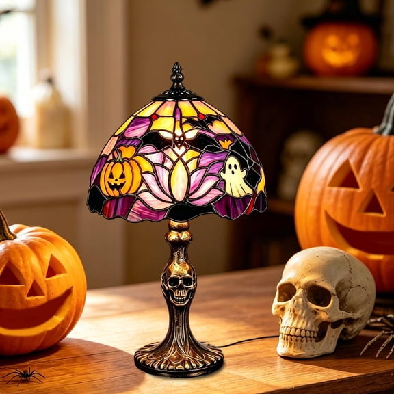 Halloween Decorations, Halloween Stained Glass Pumpkin Table Lamp, Resin Base Bat Spider Web Ghost Skull Skeleton Glowing Night Light, Luminous Ornament for Home Halloween Party Decor Holiday Gift