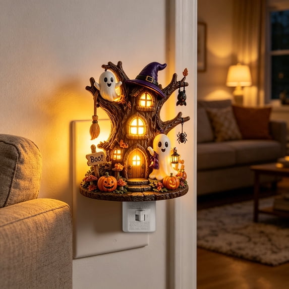 Halloween Decorations Halloween Tree House Night Light Plug in Spooky Cute Ghost Pumpkin Wall Decor for Home Party