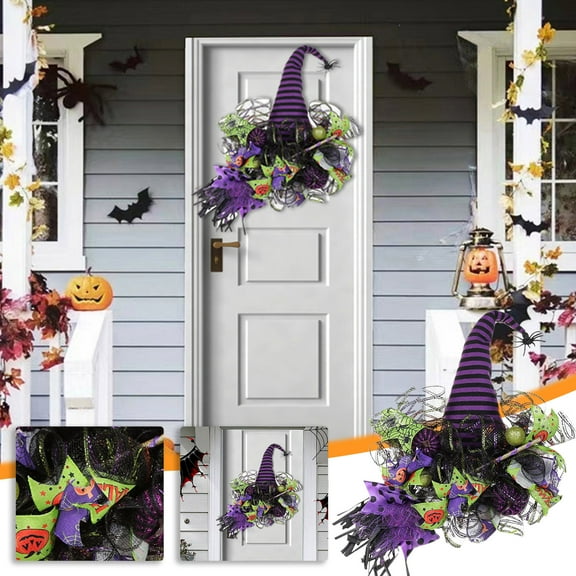 Halloween Decorations Halloween Witch Leg and Broom Wreath 15.74inch Artificial Flower Wreath Witch Legs Hat Hanging Wreath Ornament Party Home Decoration Door Hanging Props