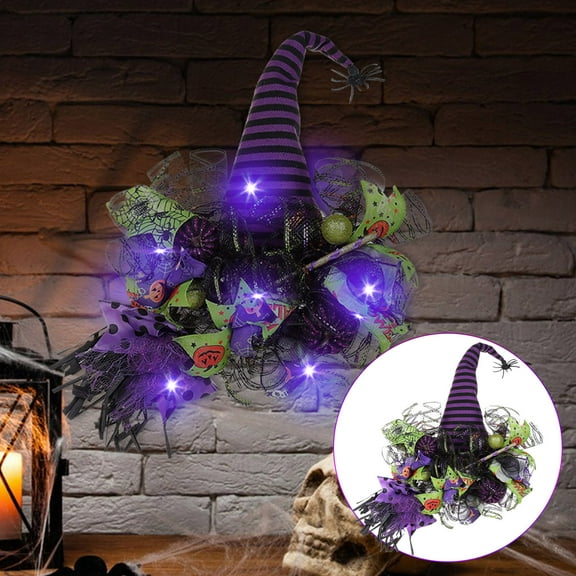Halloween Decorations Halloween Witch Leg and Broom Wreath with Light 15.74inch Artificial Flower Wreath Witch Legs Hat Hanging Wreath Ornament Party Home Decoration Door Hanging Props