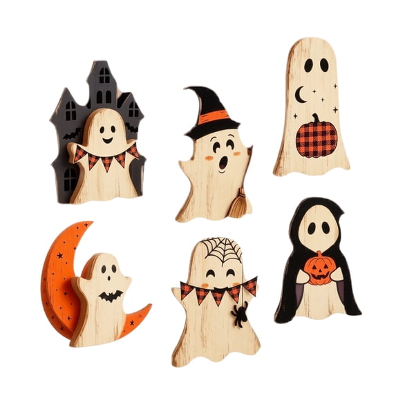 Halloween Decorations Halloween Wooden Pumpkin Ghost Resin Figurine Spooky Tabletop Decor for Shelf Mantel Home Fall Party Display - A