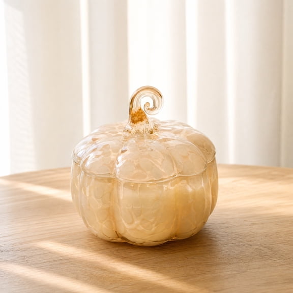 Halloween Decorations,Hand-Blown Glass Pumpkin Jar Scented Candle, Lidded Pumpkin Vessel 3-Wick Soy Wax Candle, Fall Autumn Halloween Table Mantel Decor Candle, Farmhouse Thanksgiving Gift Candle