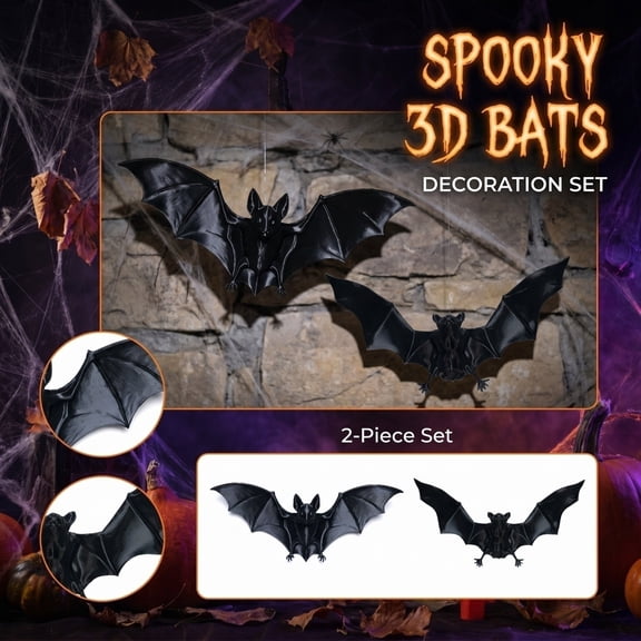 Halloween Decorations Hanging Bats 2 Pack, Scary Black Bat Decor for Indoor Outdoor Home Wall Yard, Halloween Party Decor with Hanging Fishing Line and Adhesive
