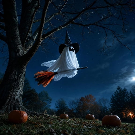 Halloween Decorations Hanging Ghost on Broom for Yard Outdoor Decor, Lightweight Satin Floating Ornament with Witch Hat, Horror Prop for Halloween Party & Home Display, 27.6"x11.8" (No Light)A