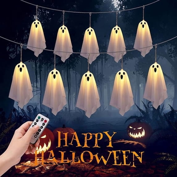 Halloween Decorations Hanging Ghosts 10Pcs Spooky Ghosts String Lights Halloween Decor with Remote Control 8 Lighting Mode,for Front Yard Patio Lawn Garden Party Porch Decor Fireplace Indoor Outdoor