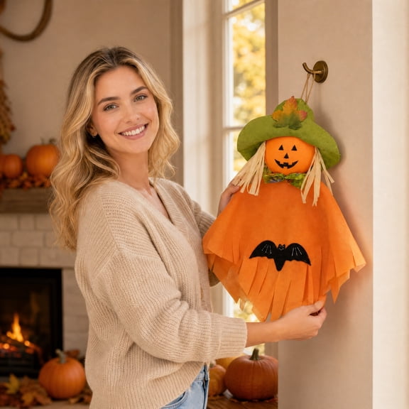Halloween Decorations-Hanging Pumpkin Scarecrow Door Decor,Bat Pattern Fabric Hanging Decor,Fall Harvest Wall Door Hanging Prop for Indoor Party Porch Home Scene Decor