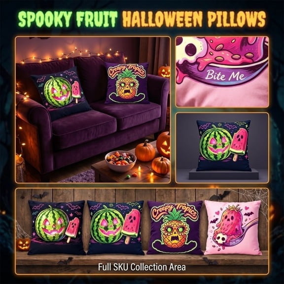 Halloween Decorations for Home, Couch Pillow, Home Decorations, Halloween Throw Pillow, 18X18 Inch Breathable Linen Spooky Tropical Ghost Face Fruit Print Throw Pillow Cover,