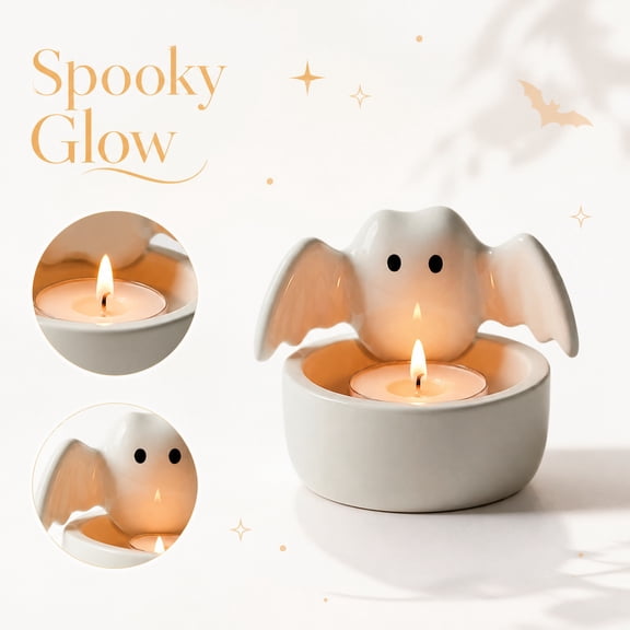 Halloween Decorations for Home, Halloween Candle Holder, Cute Ghost Decor, Ghost Figurine, 4X3.5 Inch White Ceramic Ghost Bat Tealight Candle Holder, Functional Candlestick Decor