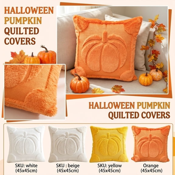 Halloween Decorations for Home, Halloween Pumpkin Decor, Plush 18X18 Inch Square Pillow Cover, Neutral Beige Pumpkin Throw Pillow for Couch, Soft Quilted Halloween Fall Decor,