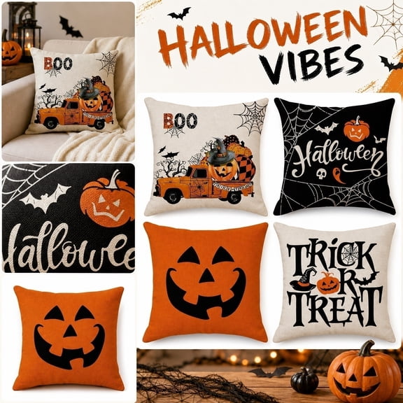 Halloween Decorations for Home, Halloween Pumpkin Decor Set with Cartoon Ghost, Web, Bat Prints, for Indoor Entryway, Patio Seating, Office Break Room Use, to Upgrade Existing