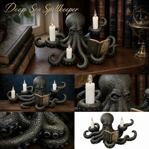 Halloween Decorations for Home, Halloween Table Decor, Halloween Candelabra, Whimsigoth Home Decor, 8X6X4 Inch Deep Sea Spell Keeper Octopus Candle Holder with Integrated Open