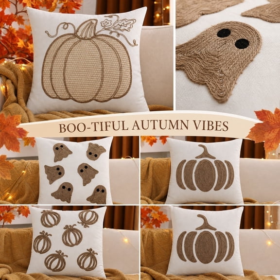 Halloween Decorations for Home, Rope Stitch Pumpkin Ghost Halloween Pillow Cover, 18X18 Inch Halloween Throw Pillow No Insert, Neutral Boho Pillow Cover for Fall and Halloween