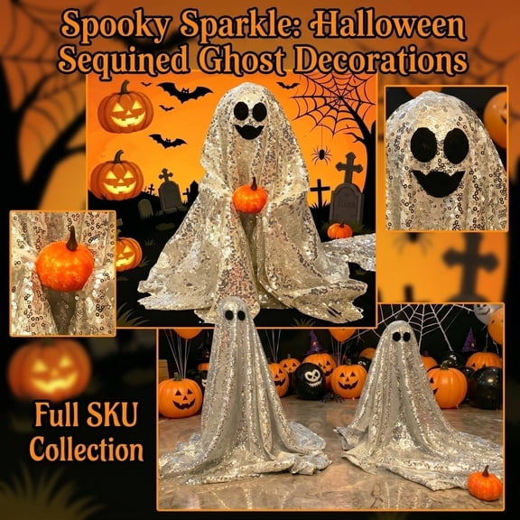 Halloween Decorations for Home, Shiny Sequined Gold Halloween Ghost Figurine 17Cm, Two-Eyed Ghost Halloween Decorations for Party and Yard Setup, Glittery Gold Halloween Ghost