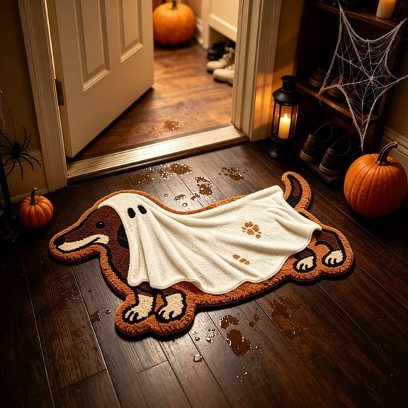 Halloween Decorations Indoor, 16x24Inch Cute Ghost Dachshund Rug, Farmhouse Entryway Doormat, Non Slip Absorbent and Quick Dry Bath Mat, for Bathroom Doors Entry Hallways Bedside
