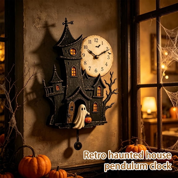 Halloween Decorations Indoor 2026, Vintage House Pendulum Wall Clock of Halloween Surprise, Halloween Themed Distressed Wooden Ghost Castle Wall Clock for Holiday Lover Gifts, Indoor Wall Decor