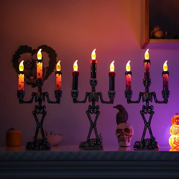 Halloween Decorations Indoor 3-Candles Candelabra LED Lights Battery Operated Candles Holder, Halloween Decor for Home Table Party Room Scary Haunted House