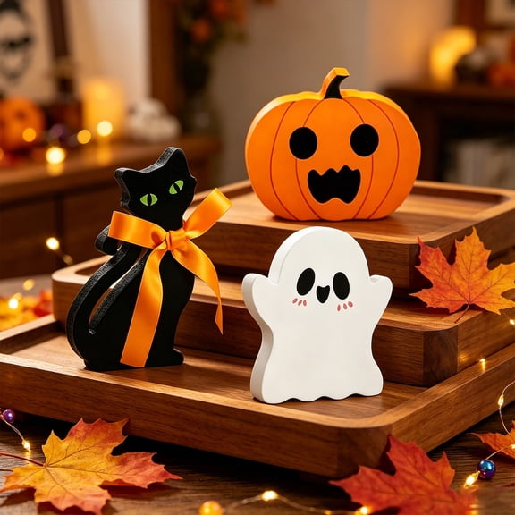 Halloween Decorations Indoor 3-Piece Wooden Sign Set with Pumpkin Ghost and Boo Blocks for Tiered Tray Tabletop and Shelf Decor 4-5 Inch with Orange Ribbon Home Decoration