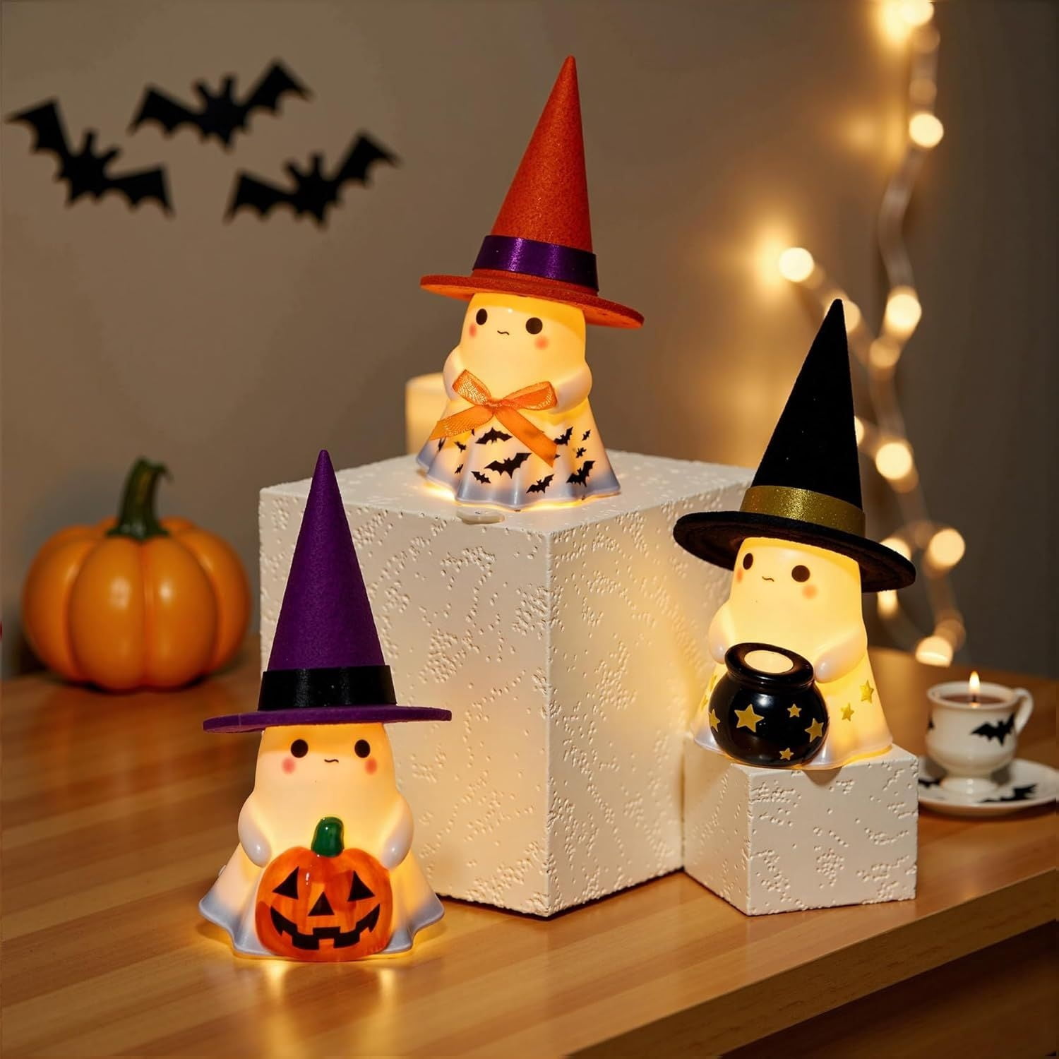 Halloween Decorations Indoor, 3Pcs Cute Spooky Ceramic Ghost Halloween Decorations, Ghost Figurines with Hats, Adorable Tabletop Decor for Mantel, Party, Home, Porch Decor