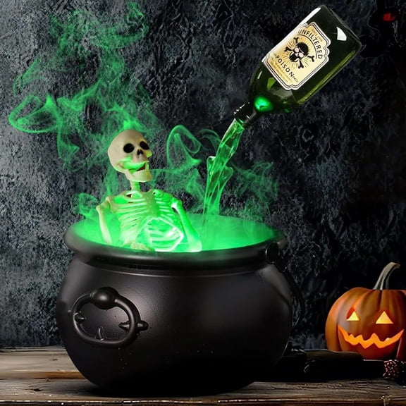 Halloween Decorations Indoor 7.6x5.2 Inches LED Mist Maker Halloween Witches Cauldron with 16 Inch Skeleton for Halloween Decorations Home Room Mantel Table Decor(B)