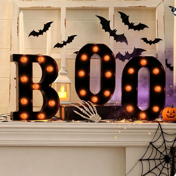 Halloween Decorations Indoor,"BOO" Sign LED Light up Letters for Home Fireplace Room Desk Mantel Table Vintage Gothic Party Halloween Indoor Decor