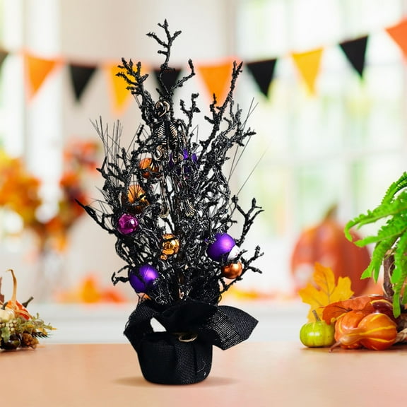 Halloween Decorations Indoor Black Halloween Tree 18" Mini Small Halloween Tree with Skulls and Balls,Black Halloween Christmas Tree for Front Door Mantel Home Tabletop Decor