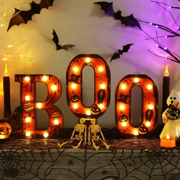 Halloween Decorations Indoor Boo Sign Mantel Decor, 8.5 Inch Light Up Boo LED Marquee Letters, Spooky Battery Operated Lights for Kitchen Bedroom Living Room Home Wall Party Table Decor, Black