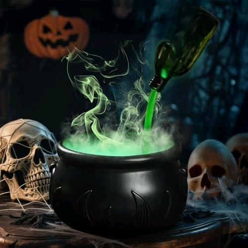 Halloween Decorations Indoor - Cauldron Halloween Decor with Magic Floating Potion Bottles and Diffuser - Black Plastic Witches Bowl Party Decoration for Spooky Vintage Home Kitchen Table
