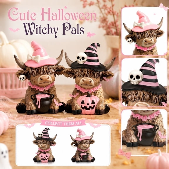 Halloween Decorations Indoor, Cute Pink Highland Cow Witch Figurine with Small Skull, Pink Bat Accents, Pastel Spooky Design, for Living Room Bedroom Home Display, Fall Holiday