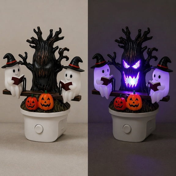 Halloween Decorations Indoor,Halloween Home Decor,Plug-in 3D Table Lamp with Spooky Tree & Pumpkin,Halloween Animated Ghost Seesaw 3D Night Light, Tabletop Accent Light(Purple 6.7IN)