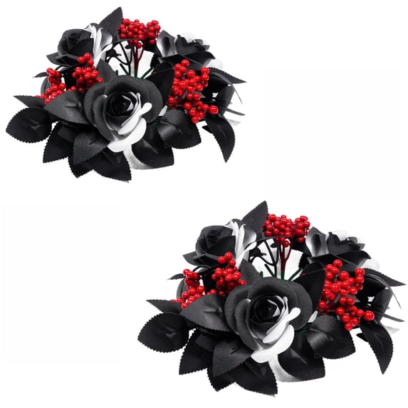Halloween Decorations, Indoor Halloween Table Decorations, Candle Rings Wreaths, 2-Pack Gothic Black Red Rose Candle Wreath Rings, Artificial Burgundy Rose with Red Berry Accents