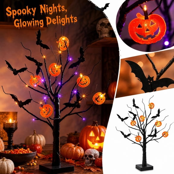 Halloween Decorations Indoor Halloween Tree Black Spooky Tree Vibrant Orange Purple Lights Haunted House Decoration
