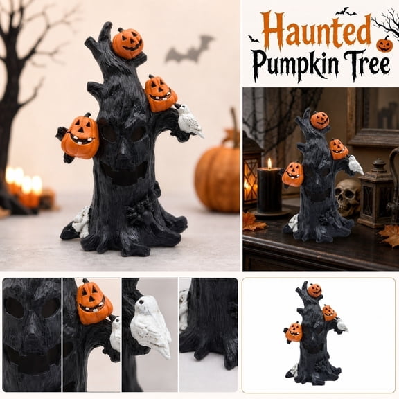 Halloween Decorations Indoor, Haunted Mansion Decor Resin Spooky Ghost Tree Statue, Small Halloween Pumpkin Accent Figurine, Spooky Home Decor Desktop Ornament, 10X6 in