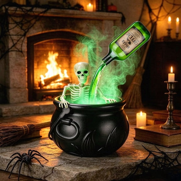 Halloween Decorations Indoor, 7.8in Large Cauldron Halloween Decor with Magic Floating Potion Bottles Fog Diffuser Spooky Skeletons, Spooky Vintage Black Witches Plastic Bowl for Home Table Mantel Pa