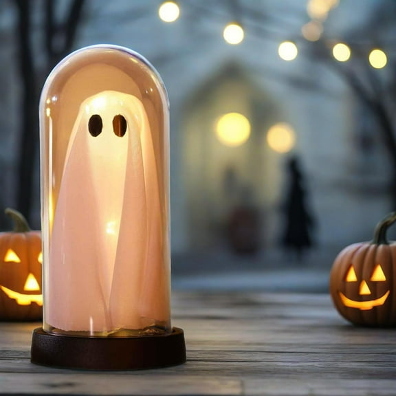 Halloween Decorations Indoor Light Up Cute Ghosts Decor,Light Up Ghost in Glass Cloche-Cute Ghost with Light,Ghost with Light for Home Kitchen Mantel Tabletop Party Decor and Holiday Decor