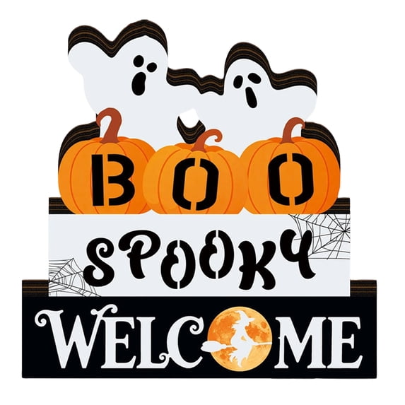 Halloween Decorations Indoor, Lighted Welcome Wooden Tiered Tray Sign, Ghost Pumpkin Stacked Tabletop Block Decor for Farmhouse Home Party Shelf Decor