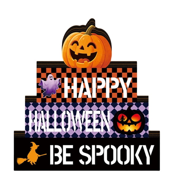 Halloween Decorations Indoor, Lighted Wooden Tiered Tray Sign, Plaid Pumpkin Ghost Stacked Tabletop Block Decor for Farmhouse Home Party Shelf Decor
