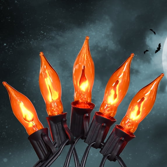 Halloween Decorations - Indoor and Outdoor Flickering Flame String Lights, 12.8ft C7 Vintage Flickering Flame String Lights, Orange String Lights with 10 Flame Bulbs (E12 Bulbs, Black Wire)