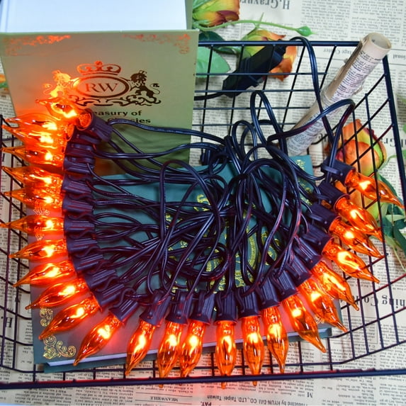 Halloween Decorations - Indoor and Outdoor Flickering Flame String Lights, 27.8ft C7 Vintage Flickering Flame String Lights, Orange String Lights with 25 Orange Clear Flame Bulbs (E12 Bulbs, Black Wi