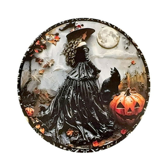 Halloween Decorations Indoor Outdoor - Hanging Decorations - Round Wooden Witch Pumpkin Imitation Decoration Autumn Halloween Wall Art Decor For Room Kitchen 8X8 In