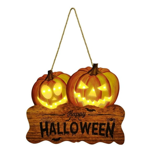 Halloween Decorations Indoor Outdoor - Hanging Sign - Happy Halloween Welcome Sign For Front Door Halloween Pumpkin Wall Hanging Sign Light Up Halloween Themed Wooden Door Hanging Decor