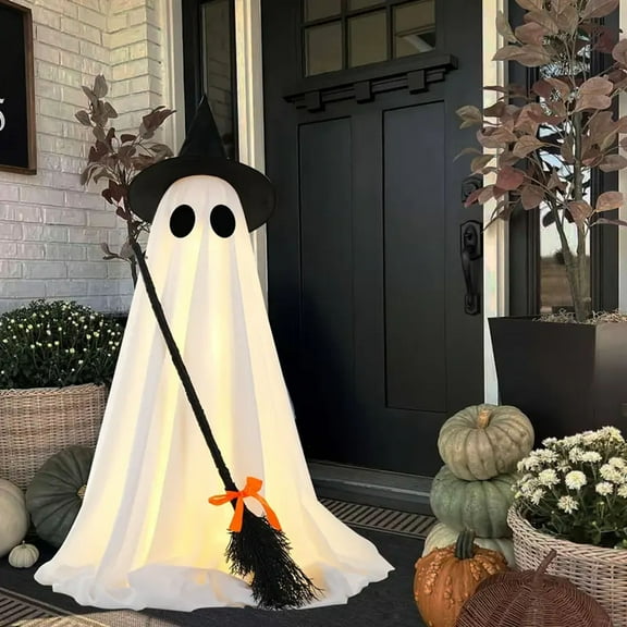 Halloween Decorations Indoor Outdoor, Spooky Ghost Halloween Decor with Witch Broom, Scary Ghosts Decor with LED Lights for Front Porch Yard Garden Home