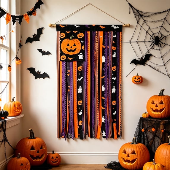 Halloween Decorations Indoor Outdoor, Vintage Halloween Decorations Ghost Wall Hanging Cute Ghost Bat Woven Flag with Tassels Featuring Pumpkin Ghost, Lace-fabric Designs Halloween Door Decor