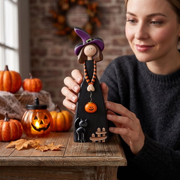 Halloween Decorations Indoor Outdoor, Wooden Witch Statue Pumpkin Ghost, Tabletop Figurine Decor for Home Mantel, Shelf Display, Party Centerpiece