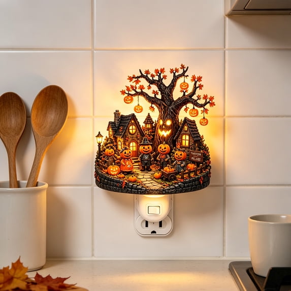 Halloween Decorations Indoor, Plug In Ghost Pumpkin Night Light, Spooky Tree House Wall Lamp, Acrylic Warm Glow for Home, Bedroom, Holiday Gift