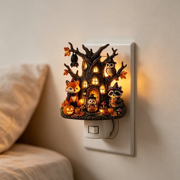 Halloween Decorations Indoor, Plug In Ghost Pumpkin Night Light, Spooky Tree House Wall Lamp, Acrylic Warm Glow for Home, Bedroom, Holiday Gift