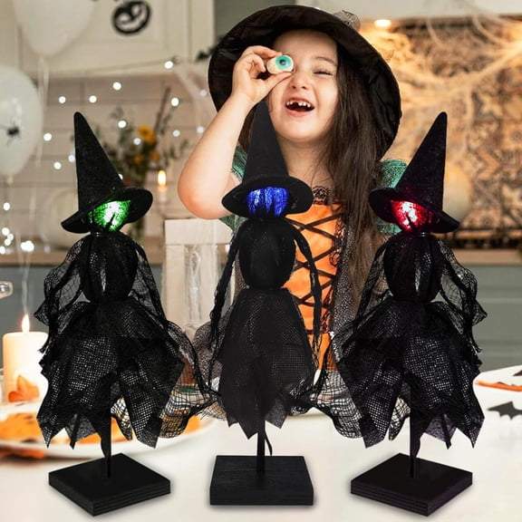 Halloween Decorations Indoor, Set of 3 Primitive Witch with Hats, Spooky Halloween Witch Figurines with 3 LED Colors for Mantel, Shelf & Tabletop Decor Collectible Figurines for Halloween Decor