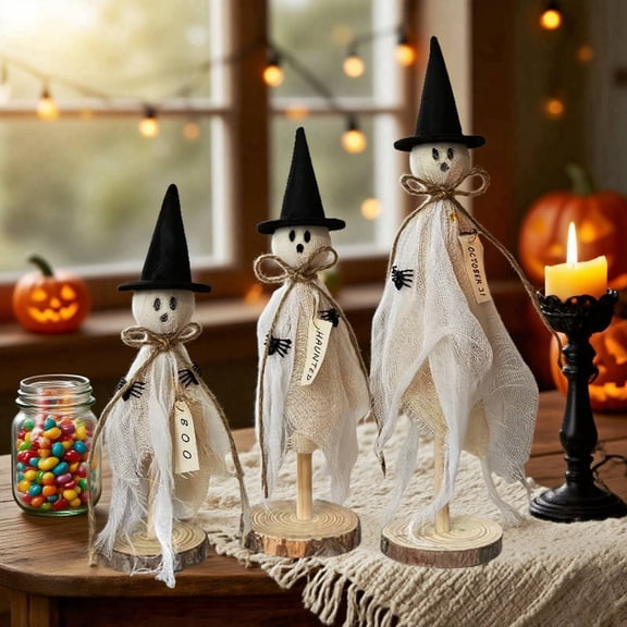 Halloween Decorations Indoor, Set of 3 White Witch with Hats, Spooky Halloween Witch Ghost Figurines for Mantel, Shelf & Tabletop Decor Collectible Figurines (Not Glowing)